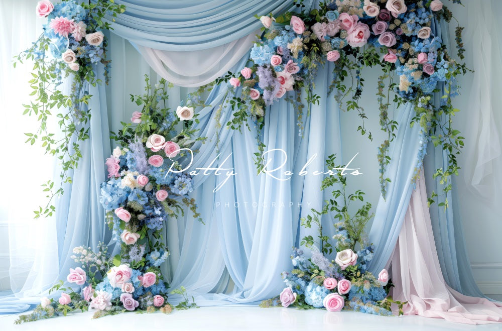 Kate Printemps Floral Bleu Rideau Doux Toile de fond conçue par Patty Roberts - Kate Backdrop FR