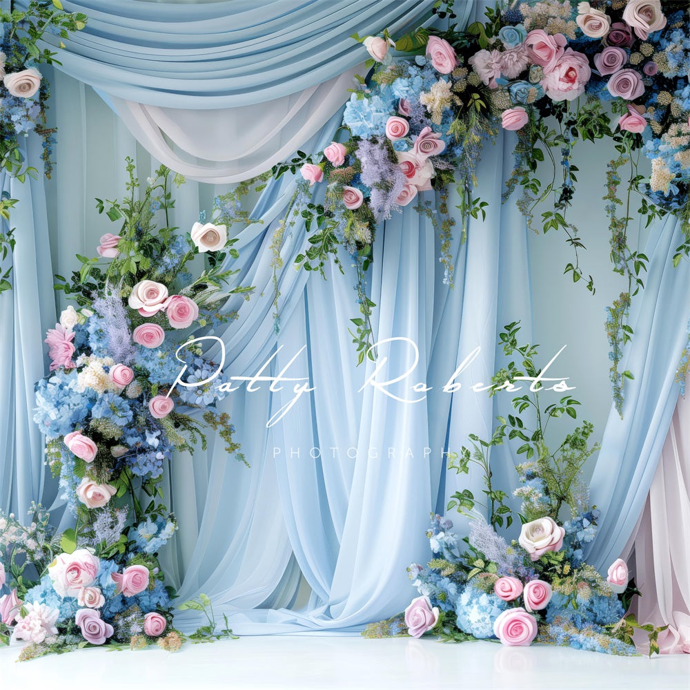 Kate Printemps Floral Bleu Rideau Doux Toile de fond conçue par Patty Roberts - Kate Backdrop FR