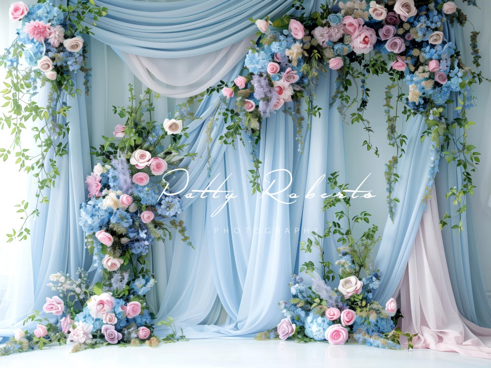 Kate Printemps Floral Bleu Rideau Doux Toile de fond conçue par Patty Roberts - Kate Backdrop FR