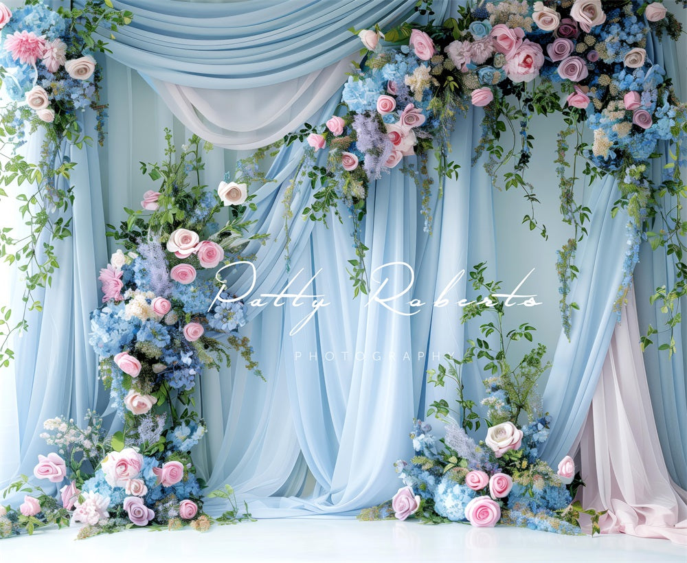 Kate Printemps Floral Bleu Rideau Doux Toile de fond conçue par Patty Roberts - Kate Backdrop FR