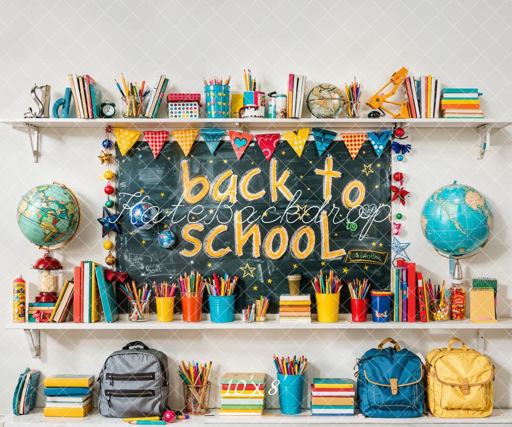 Kate Retour à l'école Globe Coloré Livre Crayon Sac Toile de fond conçue par Emetselch - Kate Backdrop FR