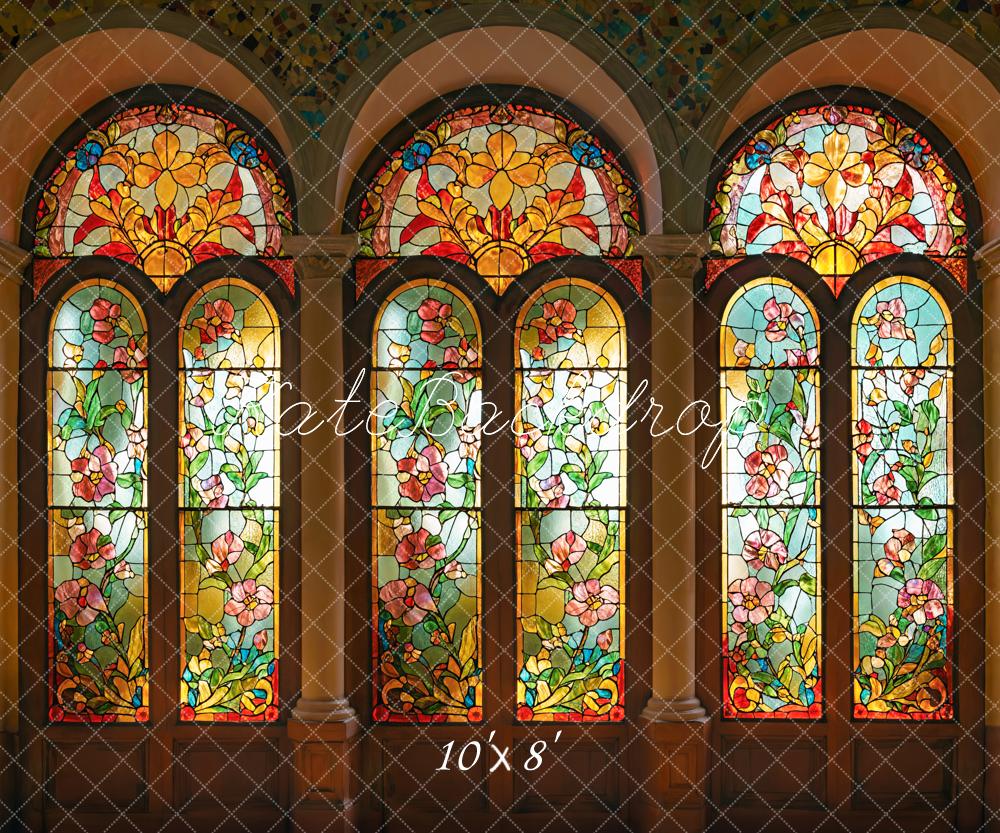 Kate Arche Église Vintage Vitrail Floral Toile de fond conçue par Emetselch - Kate Backdrop FR