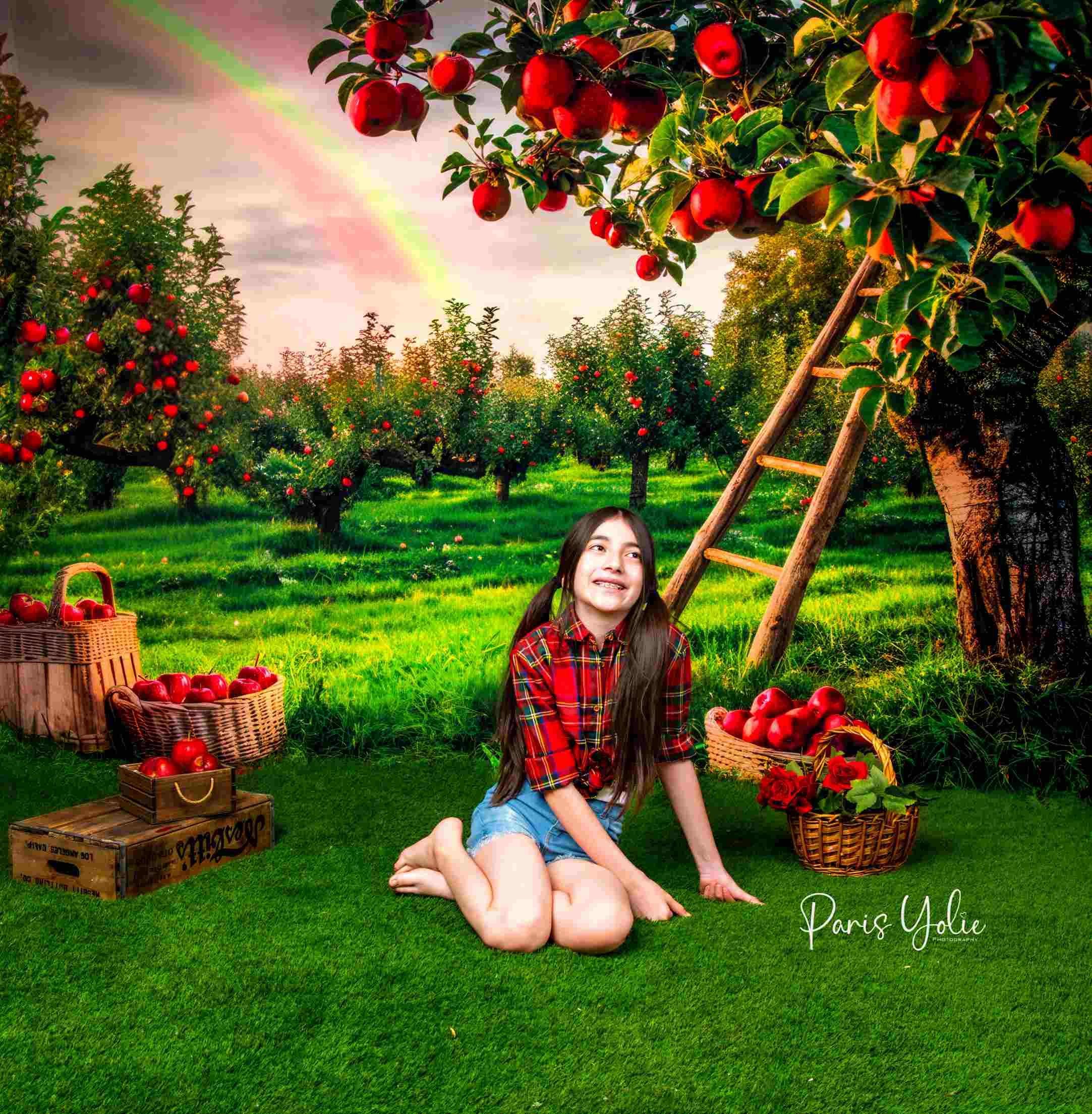 Kate Verger de pommes Arc-en-ciel Vert Toile de fond conçue par Mini MakeBelieve - Kate Backdrop FR
