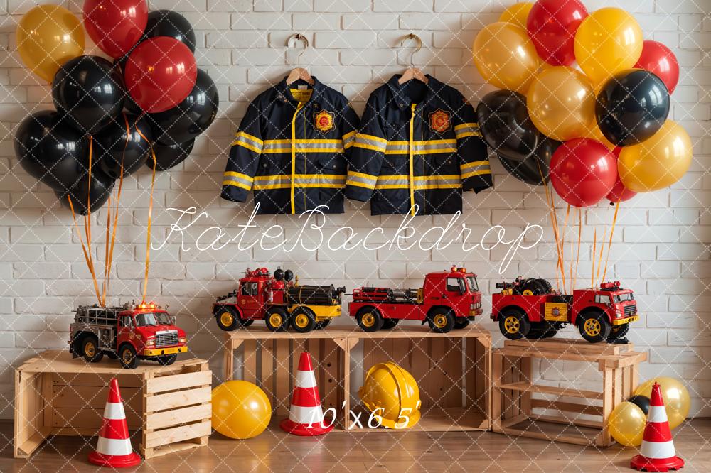 Kate Anniversaire Pompiers Voiture-jouet Uniforme Toile de fond conçue par GQ - Kate Backdrop FR