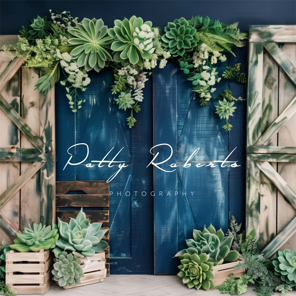 Kate Plantes vertes Mur Bleu Porte Printemps Toile de fond conçue par Patty Robert - Kate Backdrop FR