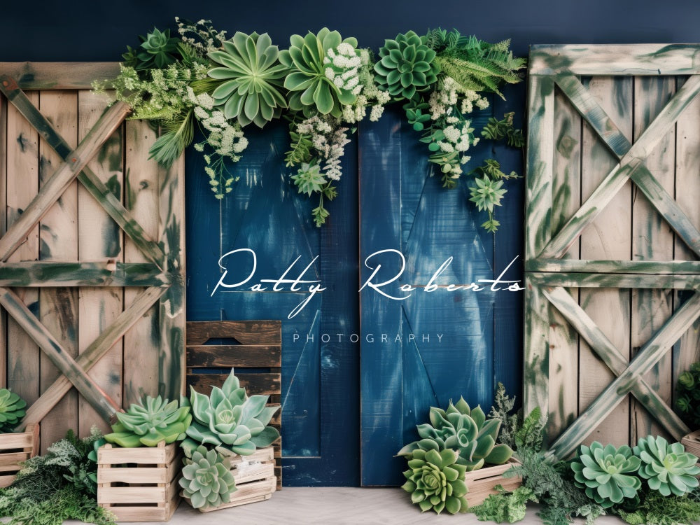 Kate Plantes vertes Mur Bleu Porte Printemps Toile de fond conçue par Patty Robert - Kate Backdrop FR