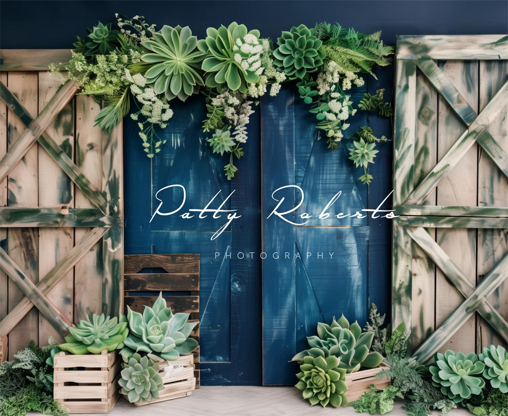 Kate Plantes vertes Mur Bleu Porte Printemps Toile de fond conçue par Patty Robert - Kate Backdrop FR