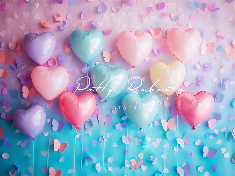 Kate Pastel Cœur Ballons Papillons Toile de fond conçue par Patty Robert - Kate Backdrop FR