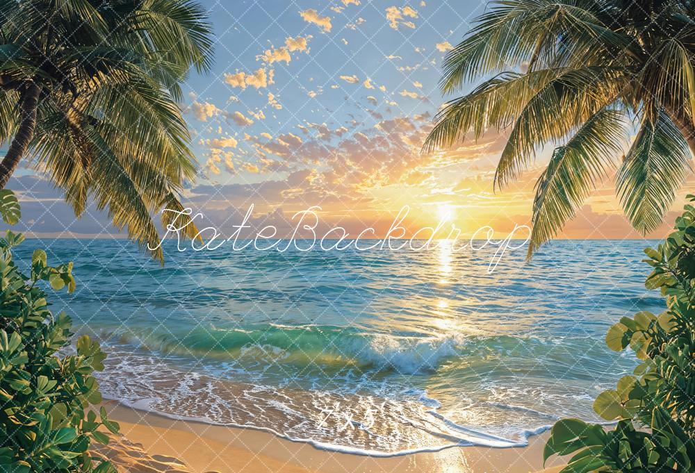 Kate Été Mer Plage Arbre Coucher de soleil Vague Toile de fond conçue par Emetselch - Kate Backdrop FR