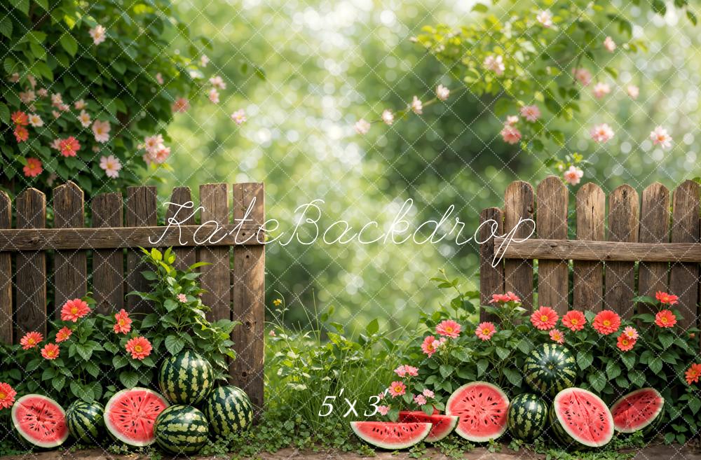 Kate Été Bokeh Plante verte Fleurs Pastèque Clôture Toile de fond conçue par Emetselch - Kate Backdrop FR