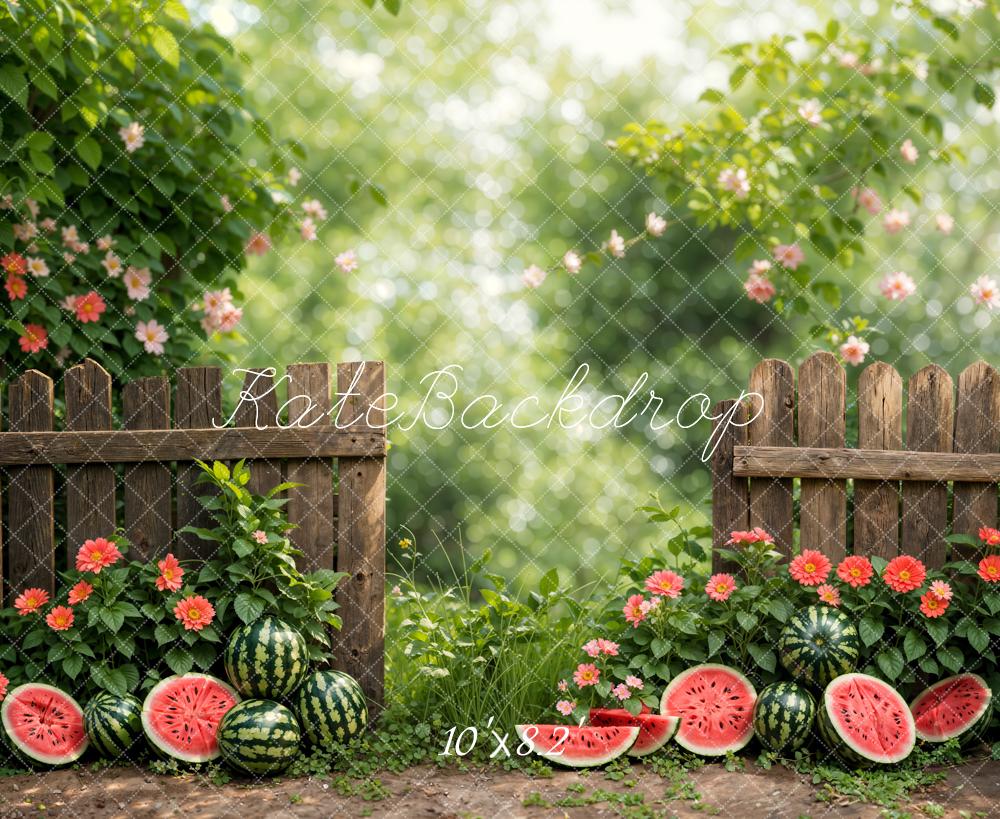 Kate Été Bokeh Plante verte Fleurs Pastèque Clôture Toile de fond conçue par Emetselch - Kate Backdrop FR