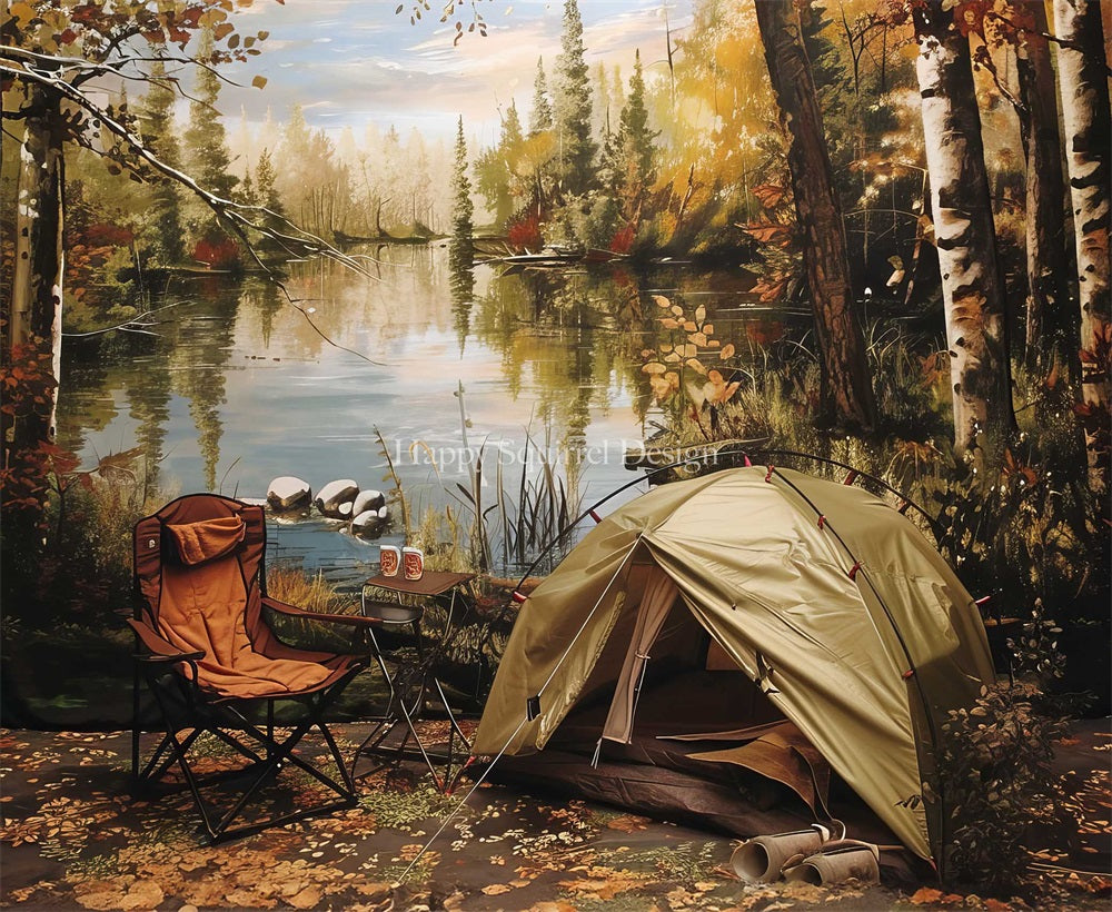 Kate Automne Extérieur Forêt Camping Tente Lac Chaise Toile de fond Conçu par Happy Squirrel Design - Kate Backdrop FR