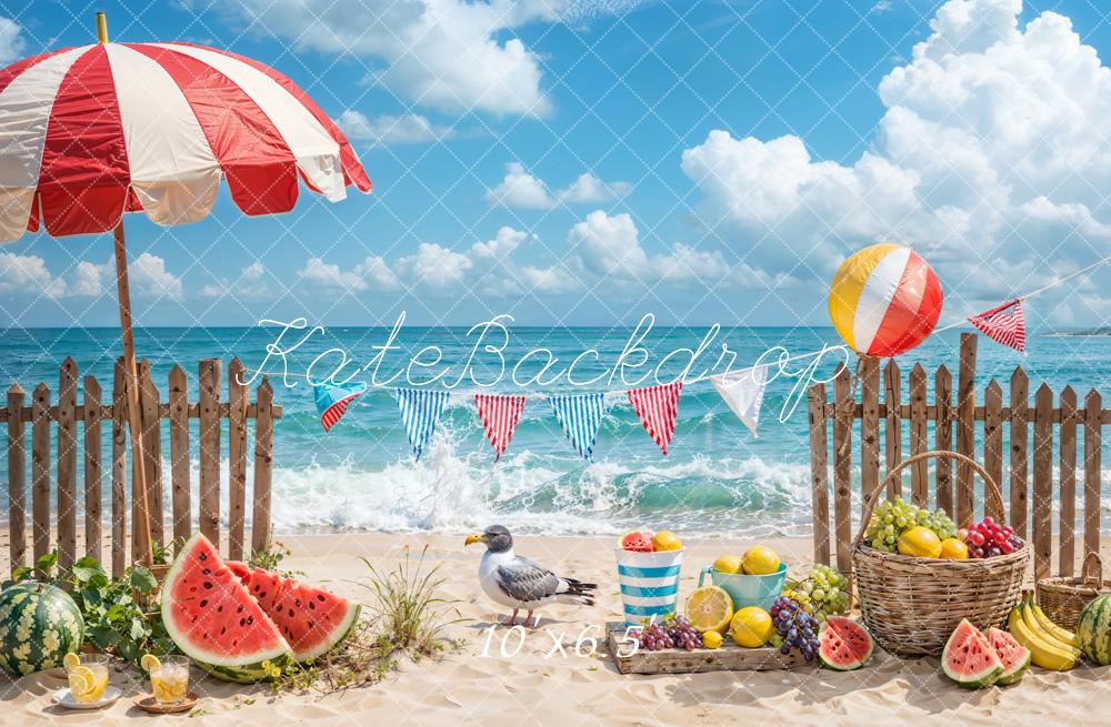 Kate Été Mer Plage Pastèque Oiseau Clôture Toile de fond conçue par Emetselch - Kate Backdrop FR