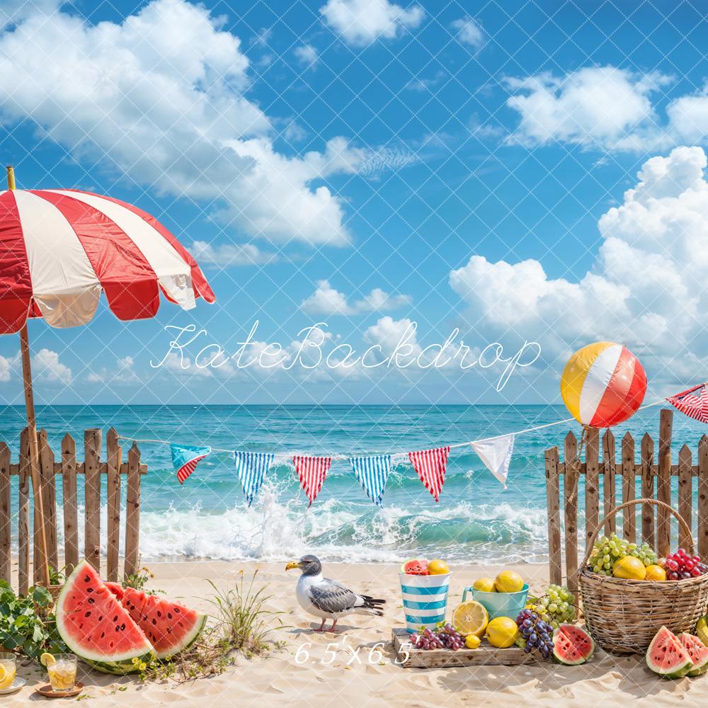 Kate Été Mer Plage Pastèque Oiseau Clôture Toile de fond conçue par Emetselch - Kate Backdrop FR