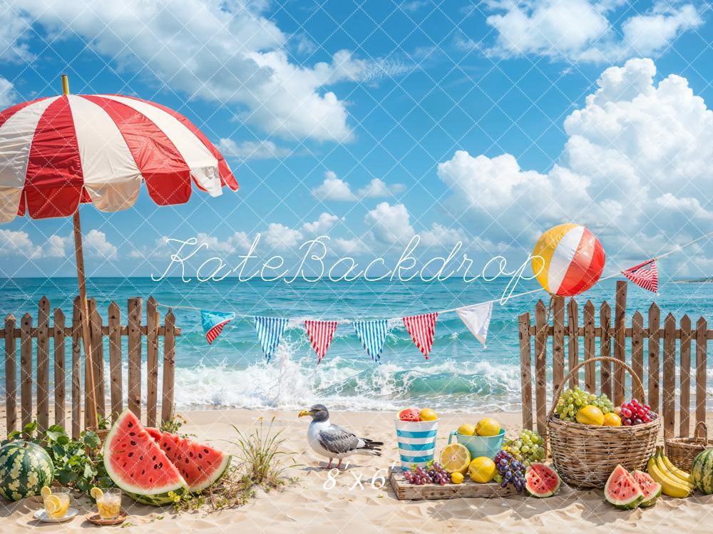Kate Été Mer Plage Pastèque Oiseau Clôture Toile de fond conçue par Emetselch - Kate Backdrop FR