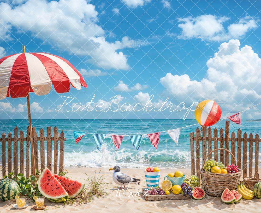 Kate Été Mer Plage Pastèque Oiseau Clôture Toile de fond conçue par Emetselch - Kate Backdrop FR