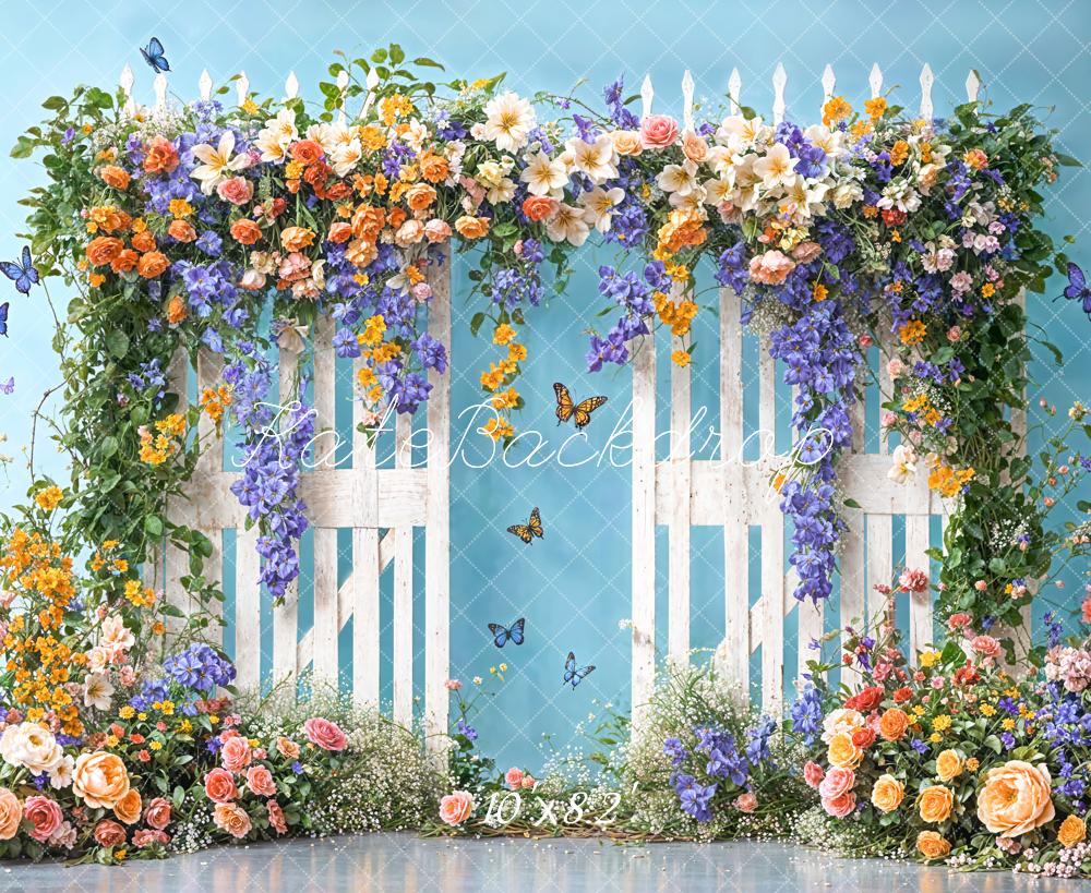 Kate Été Fleurs colorées Clôture Porte Papillons Toile de fond conçue par Chain Photographie - Kate Backdrop FR