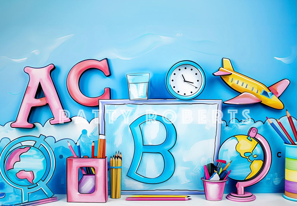 Kate Retour à l'école Peint Bleu ABC Enfant Toile de fond conçue par Patty Robert - Kate Backdrop FR