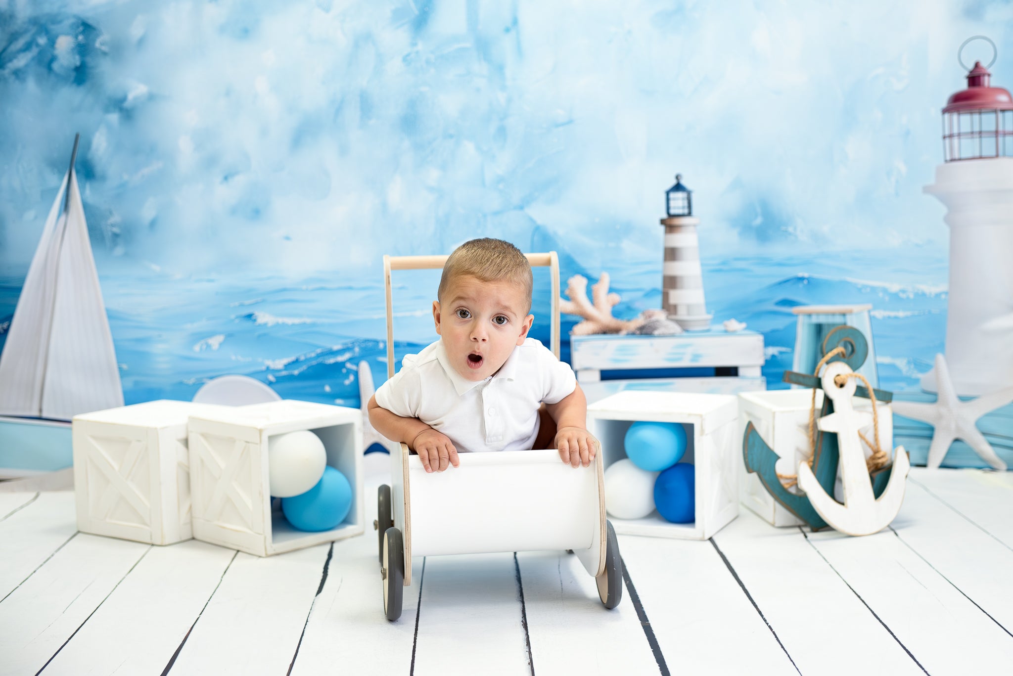 Kate Bord de mer Plage Phare Bateau Bleu Toile de fond conçue par Patty Robert - Kate Backdrop FR