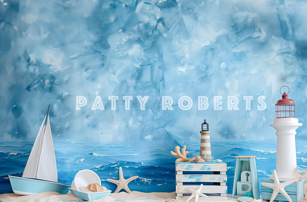 Kate Bord de mer Plage Phare Bateau Bleu Toile de fond conçue par Patty Robert - Kate Backdrop FR