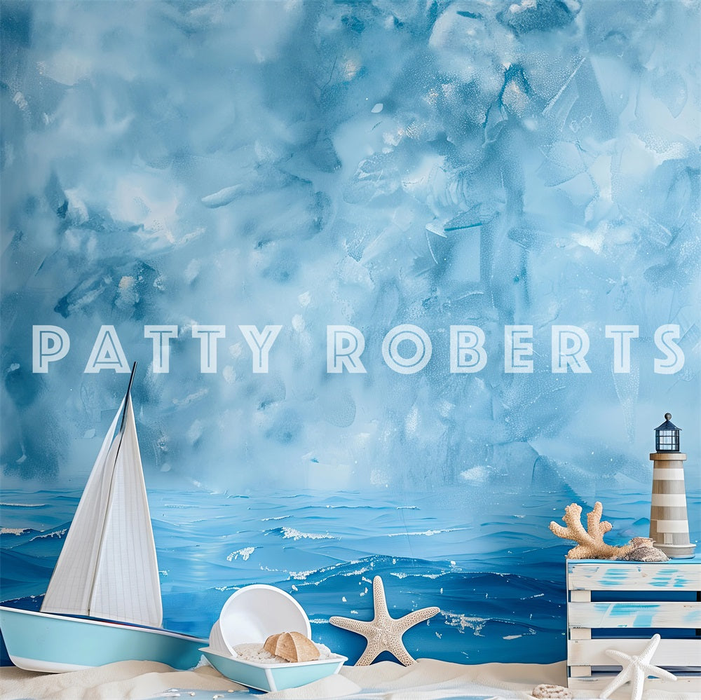 Kate Bord de mer Plage Phare Bateau Bleu Toile de fond conçue par Patty Robert - Kate Backdrop FR