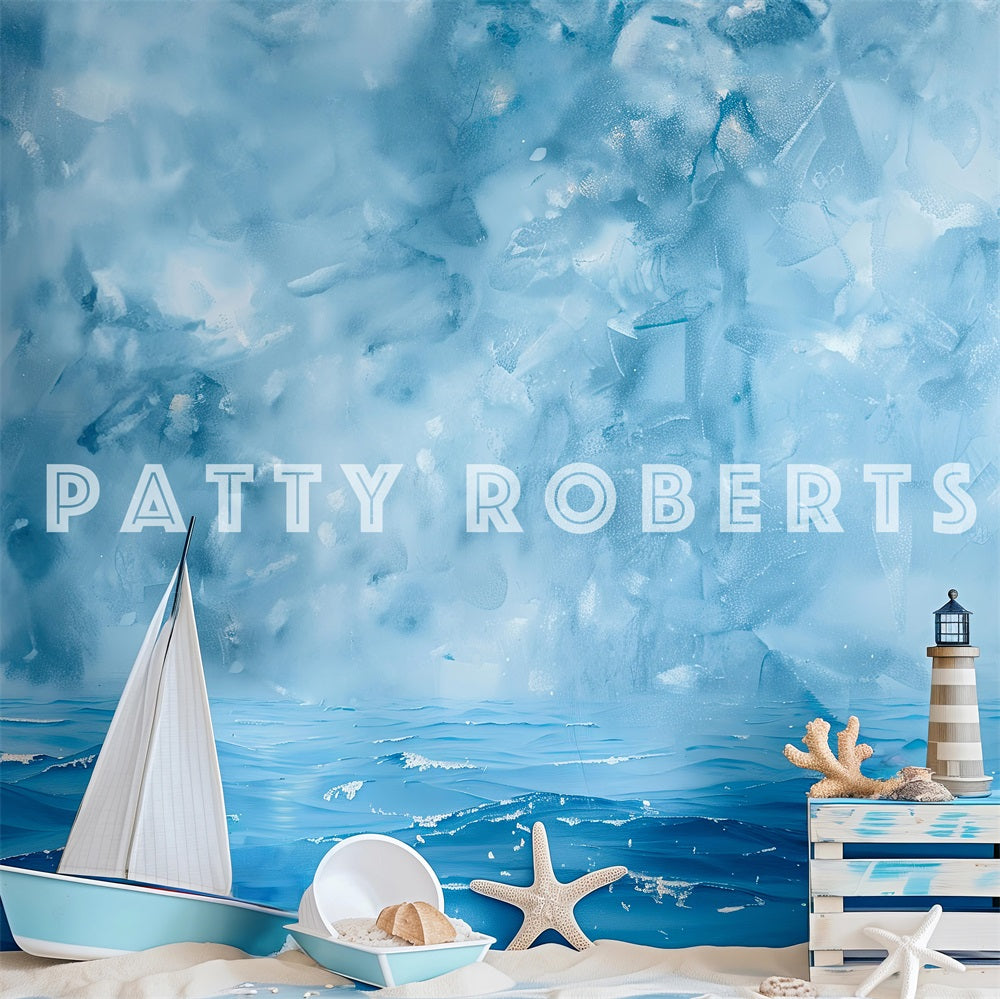 Kate Bord de mer Plage Phare Bateau Bleu Toile de fond conçue par Patty Robert