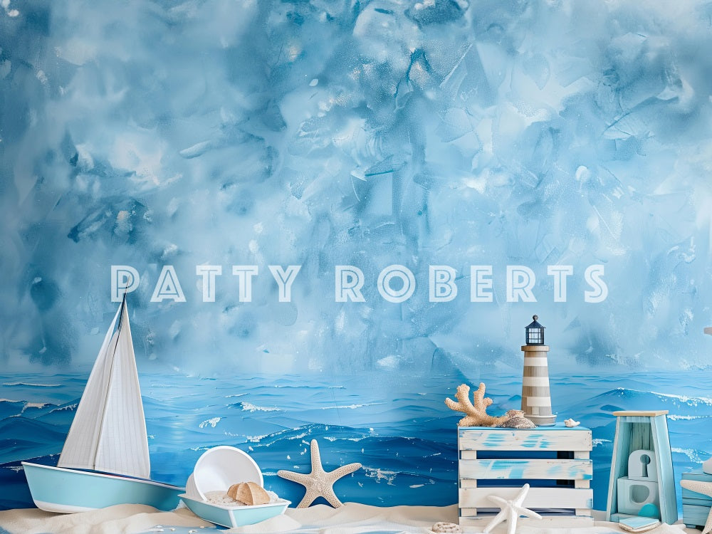 Kate Bord de mer Plage Phare Bateau Bleu Toile de fond conçue par Patty Robert - Kate Backdrop FR