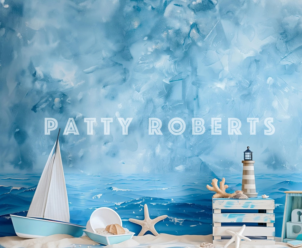Kate Bord de mer Plage Phare Bateau Bleu Toile de fond conçue par Patty Robert - Kate Backdrop FR