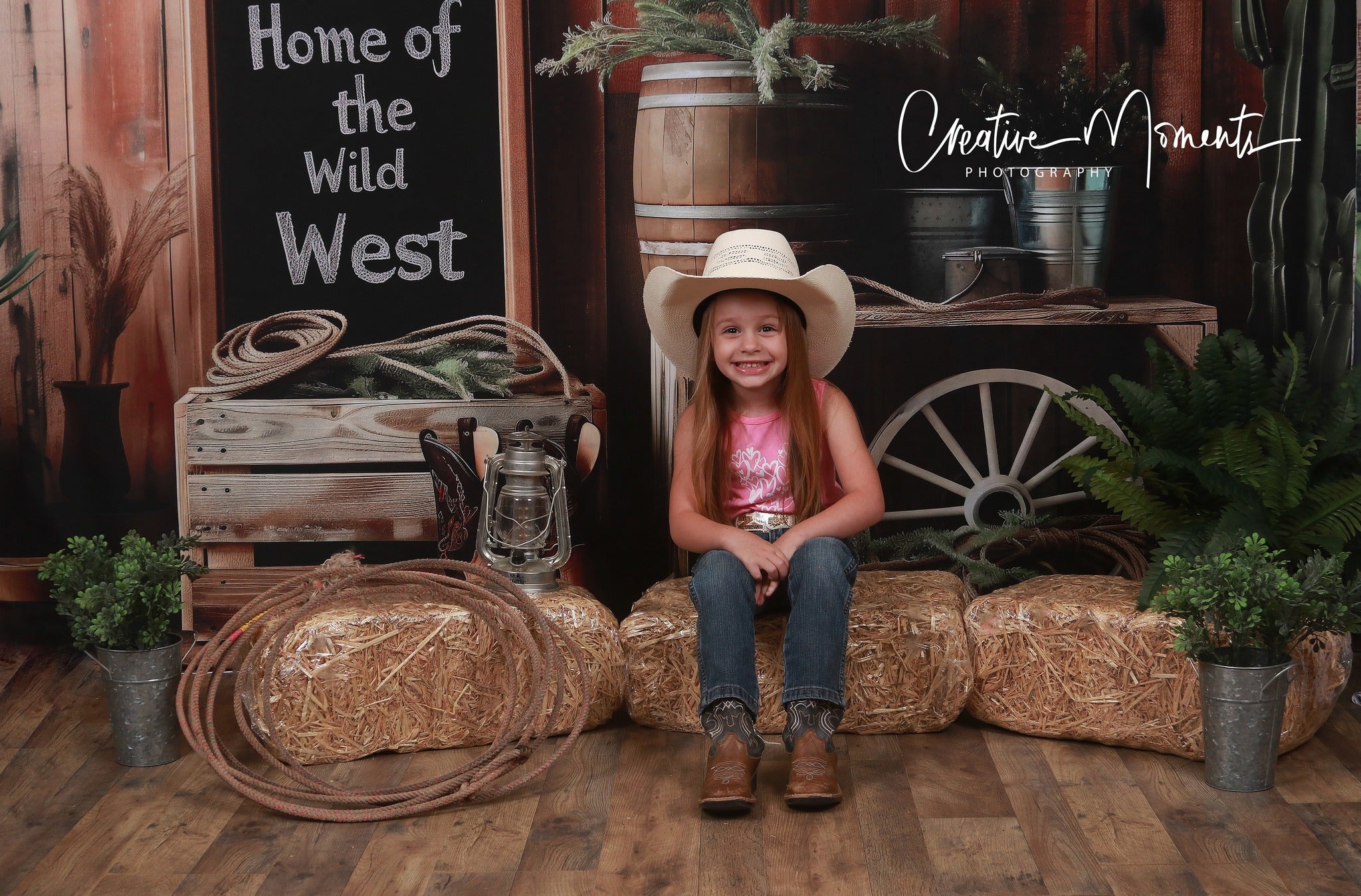 Kate Le Far West Cow-boy Cactus Mur en bois Toile de fond conçue par Patty Robert - Kate Backdrop FR