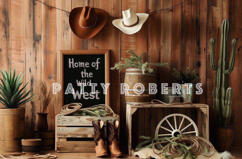 Kate Le Far West Cow-boy Cactus Mur en bois Toile de fond conçue par Patty Robert - Kate Backdrop FR