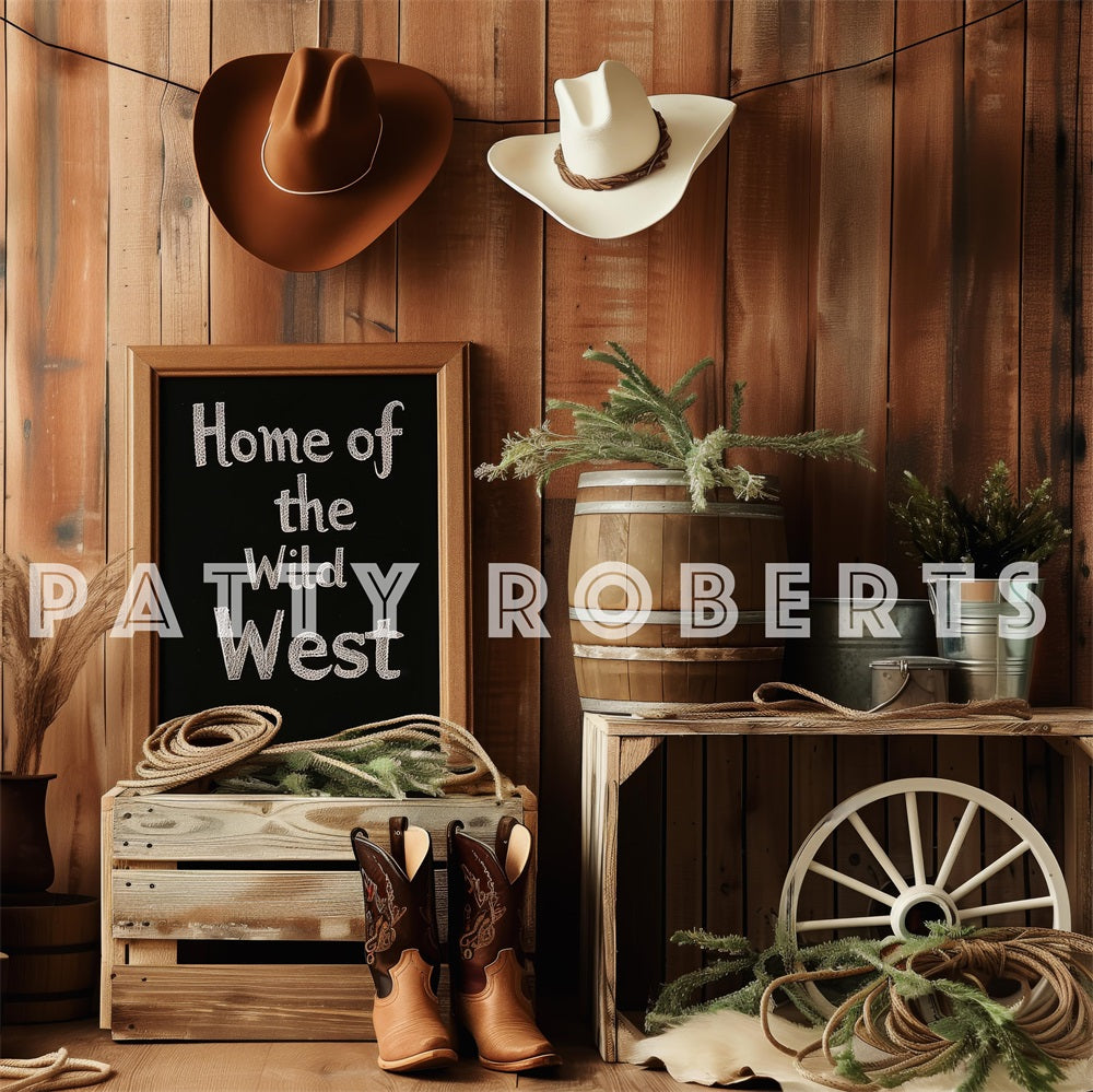 Kate Le Far West Cow-boy Cactus Mur en bois Toile de fond conçue par Patty Robert - Kate Backdrop FR