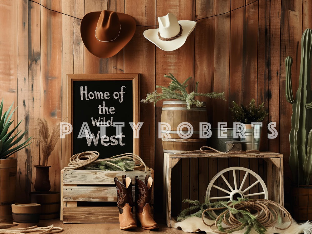 Kate Le Far West Cow-boy Cactus Mur en bois Toile de fond conçue par Patty Robert - Kate Backdrop FR