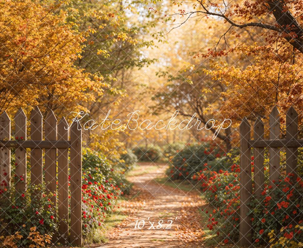 Kate Automne Forêt Chemin Brun Clôture en bois Toile de fond conçue par Emetselch - Kate Backdrop FR