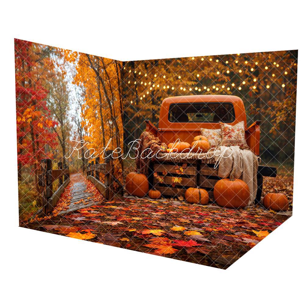 Kate Automne Forêt Rouge Érable Pont de bois Ensemble de chambre (8pix8pi&10pix8pi&8pix10pi) - Kate Backdrop FR