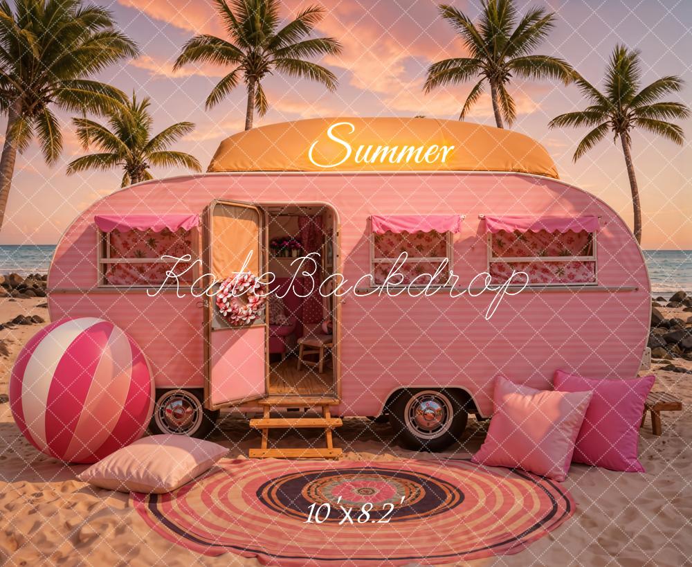 Kate Été Plage Coucher de soleil Voiture Rose Toile de fond conçue par Chain Photographie - Kate Backdrop FR