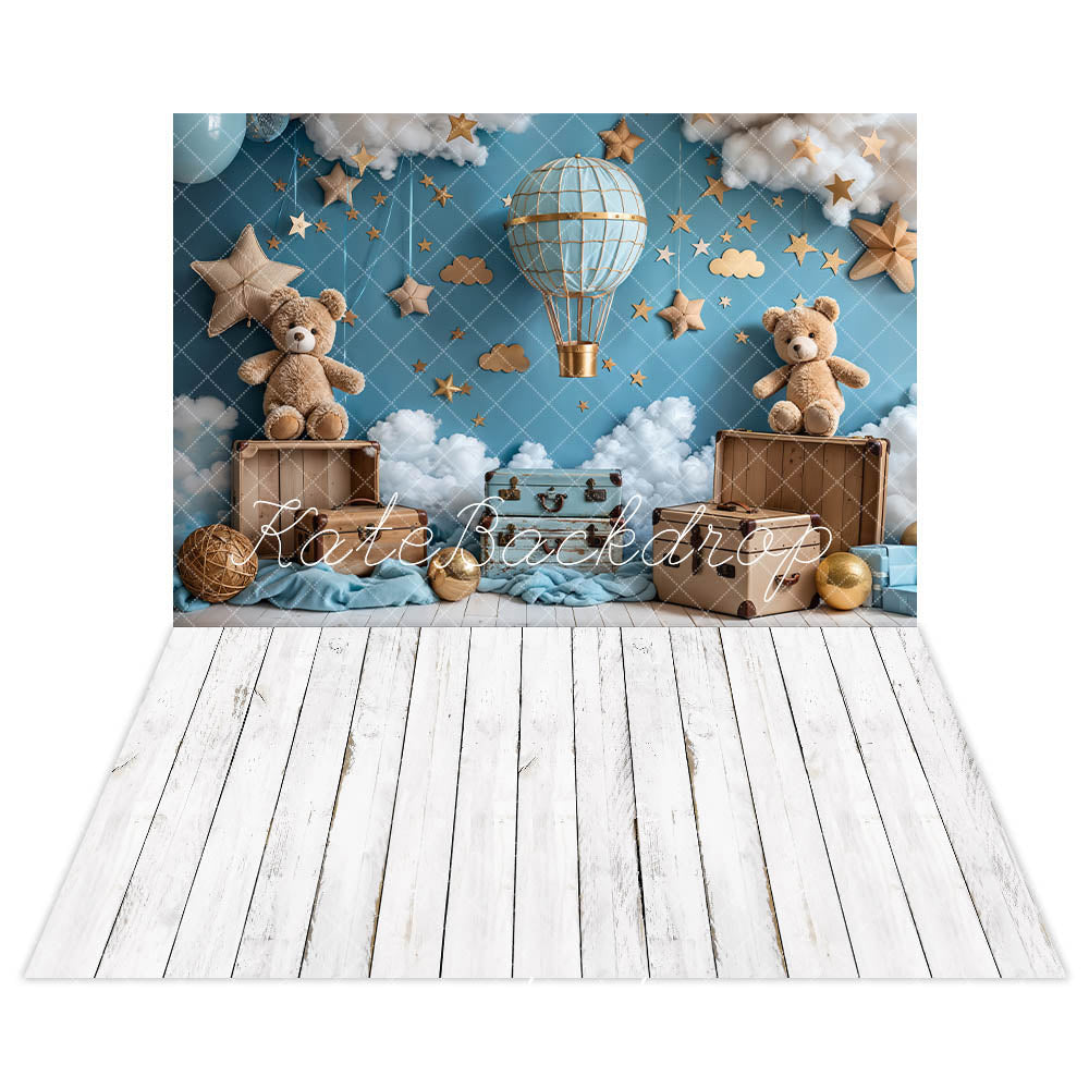 Kate Dessin animé Montgolfière Ours en peluche Toile de fond+Bois Blanc Sol Toile de fond - Kate Backdrop FR