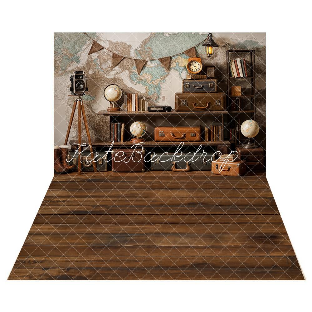 Offres Éclair Kate Vintage Caméra Valise Globe Voyage Toile de fond+Brun Sol en bois Toile de fond - Kate Backdrop FR