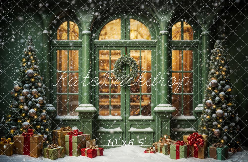 Offres Éclair Kate Noël Rue Cadeau Vert Rétro Maison Neige Toile de fond conçue par Emetselch - Kate Backdrop FR