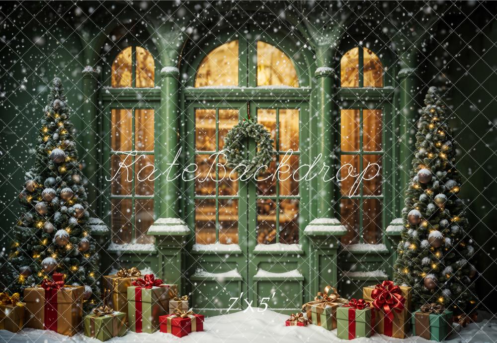 Offres Éclair Kate Noël Rue Cadeau Vert Rétro Maison Neige Toile de fond conçue par Emetselch - Kate Backdrop FR