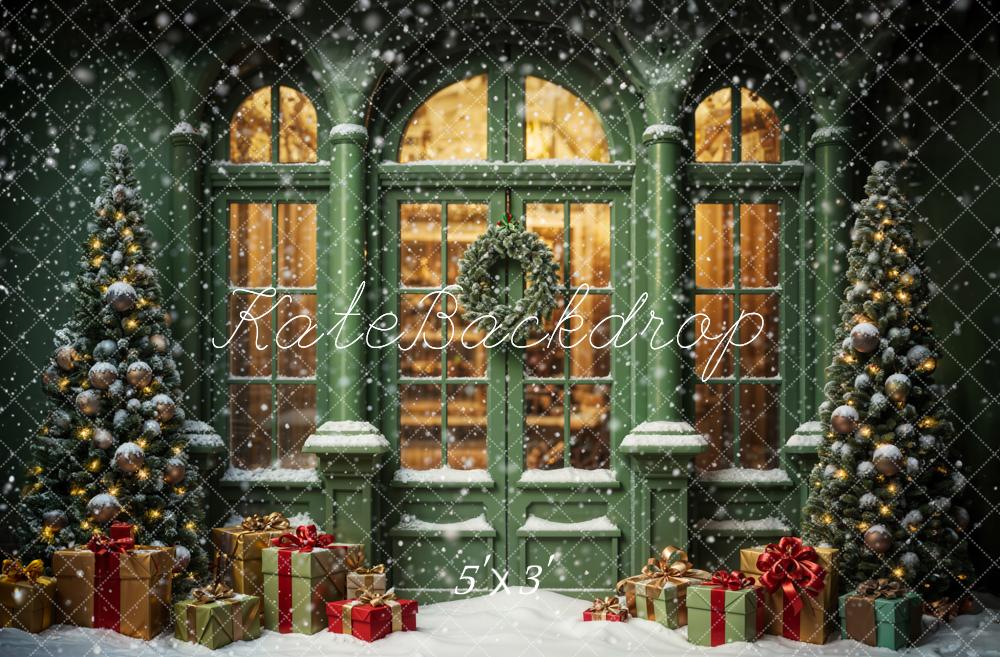 Offres Éclair Kate Noël Rue Cadeau Vert Rétro Maison Neige Toile de fond conçue par Emetselch - Kate Backdrop FR