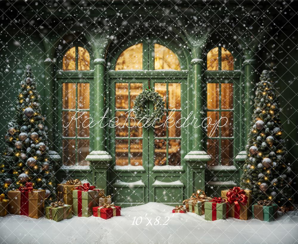 Offres Éclair Kate Noël Rue Cadeau Vert Rétro Maison Neige Toile de fond conçue par Emetselch - Kate Backdrop FR