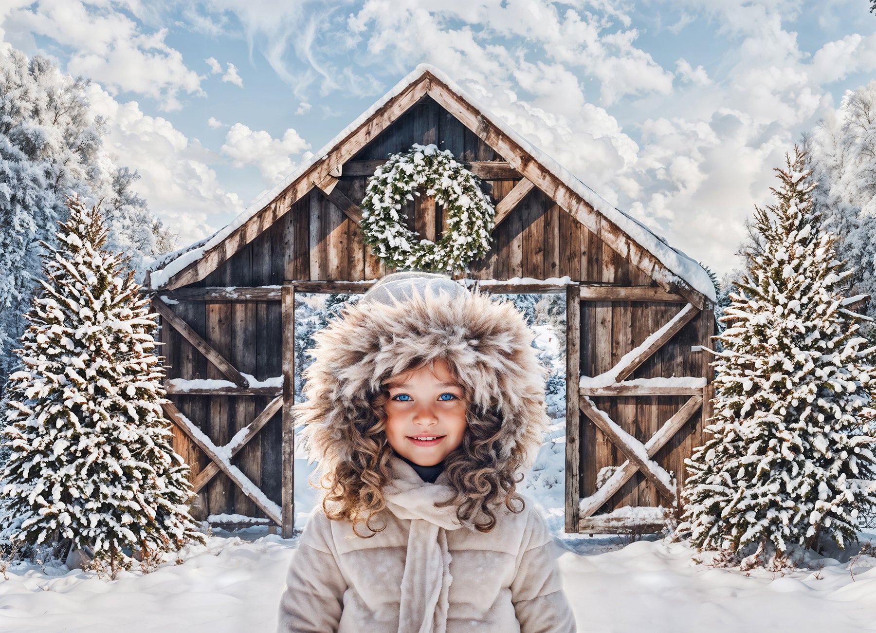 Kate Hiver Neige Forêt Porte en bois Noël Toile de fond conçue par Emetselch