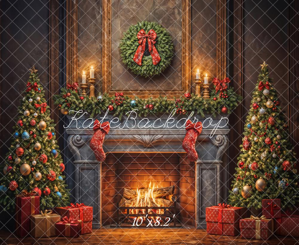 Kate Sapin de Noël Couronne Cheminée Cadeaux Toile de fond conçue par Emetselch - Kate Backdrop FR