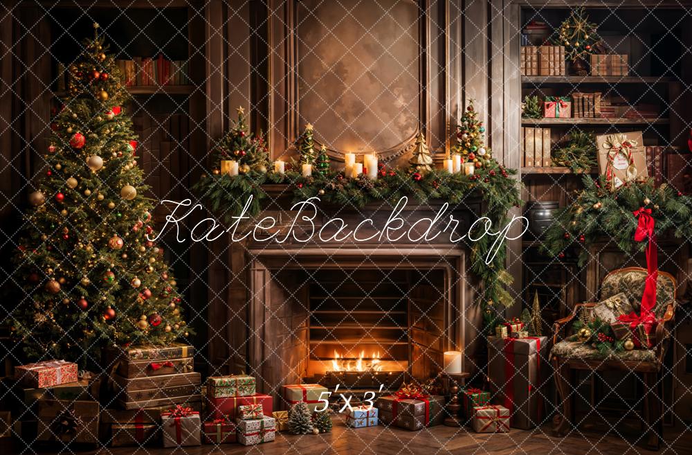 Kate Sapin de Noël Cadeaux Livres Cheminée Toile de fond conçue par Emetselch - Kate Backdrop FR