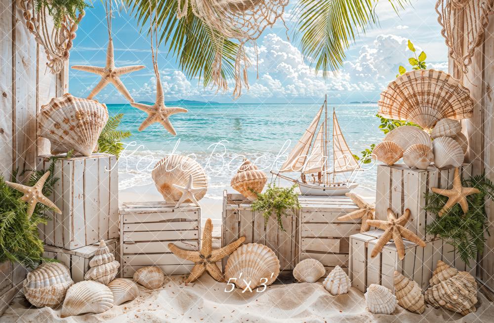 Kate Été Mer Plage Voilier Coquille Sable Toile de fond conçue par Emetselch - Kate Backdrop FR