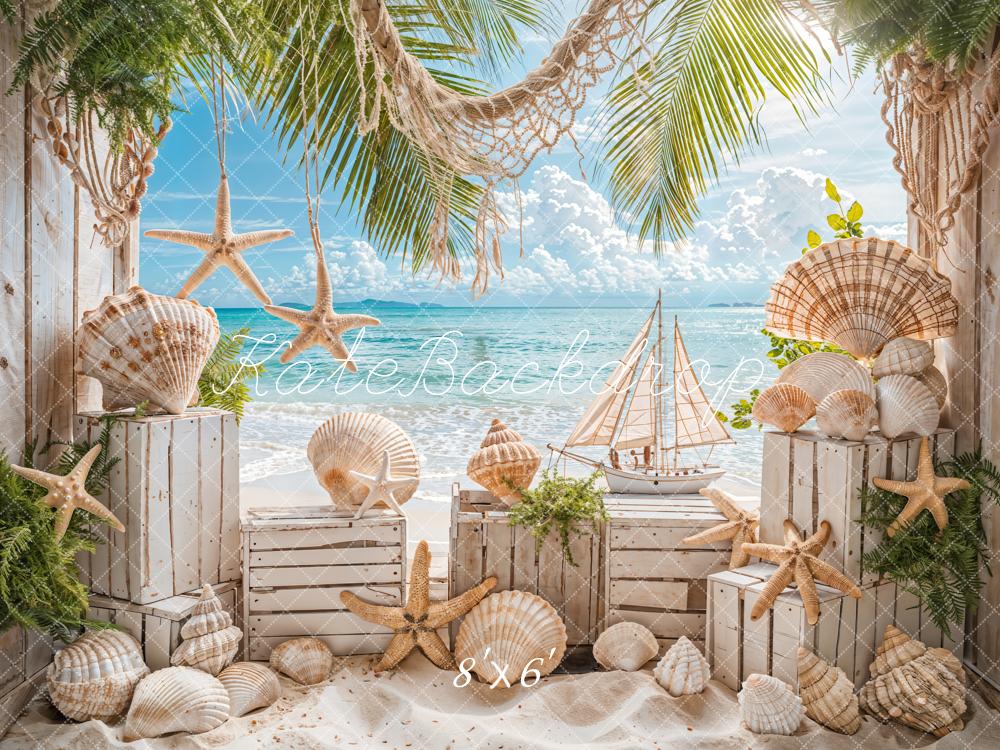 Kate Été Mer Plage Voilier Coquille Sable Toile de fond conçue par Emetselch - Kate Backdrop FR