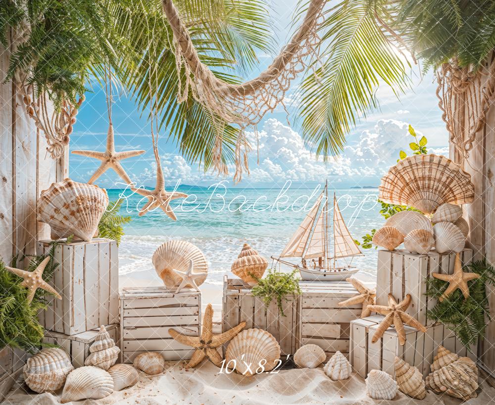 Kate Été Mer Plage Voilier Coquille Sable Toile de fond conçue par Emetselch - Kate Backdrop FR