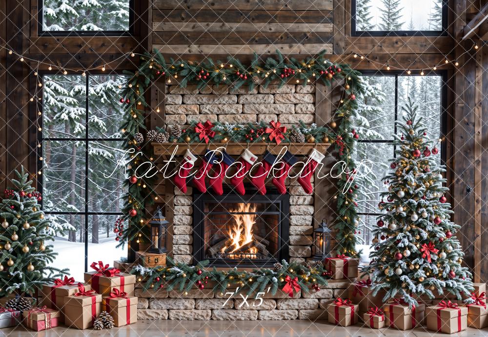 Kate Hiver Noël Cheminée en brique Brun Fenêtre Toile de fond conçue par Emetselch - Kate Backdrop FR