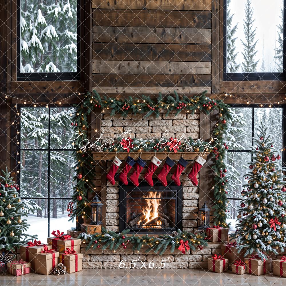 Kate Hiver Noël Cheminée en brique Brun Fenêtre Toile de fond conçue par Emetselch - Kate Backdrop FR