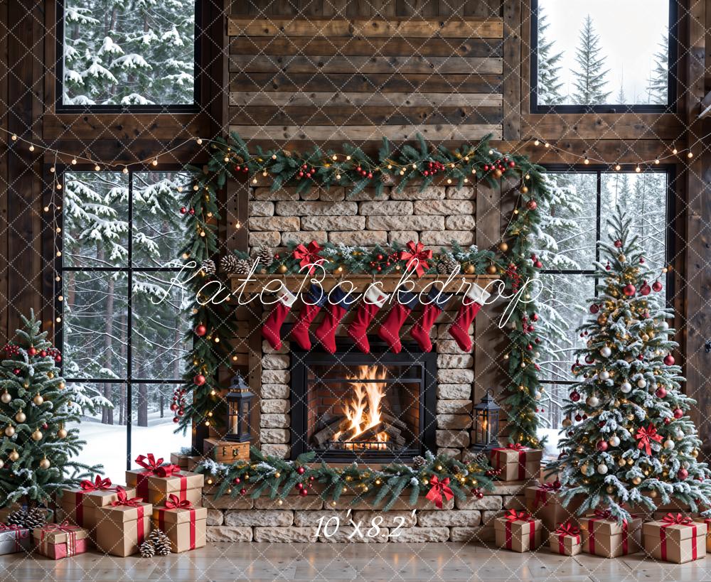 Kate Hiver Noël Cheminée en brique Brun Fenêtre Toile de fond conçue par Emetselch - Kate Backdrop FR